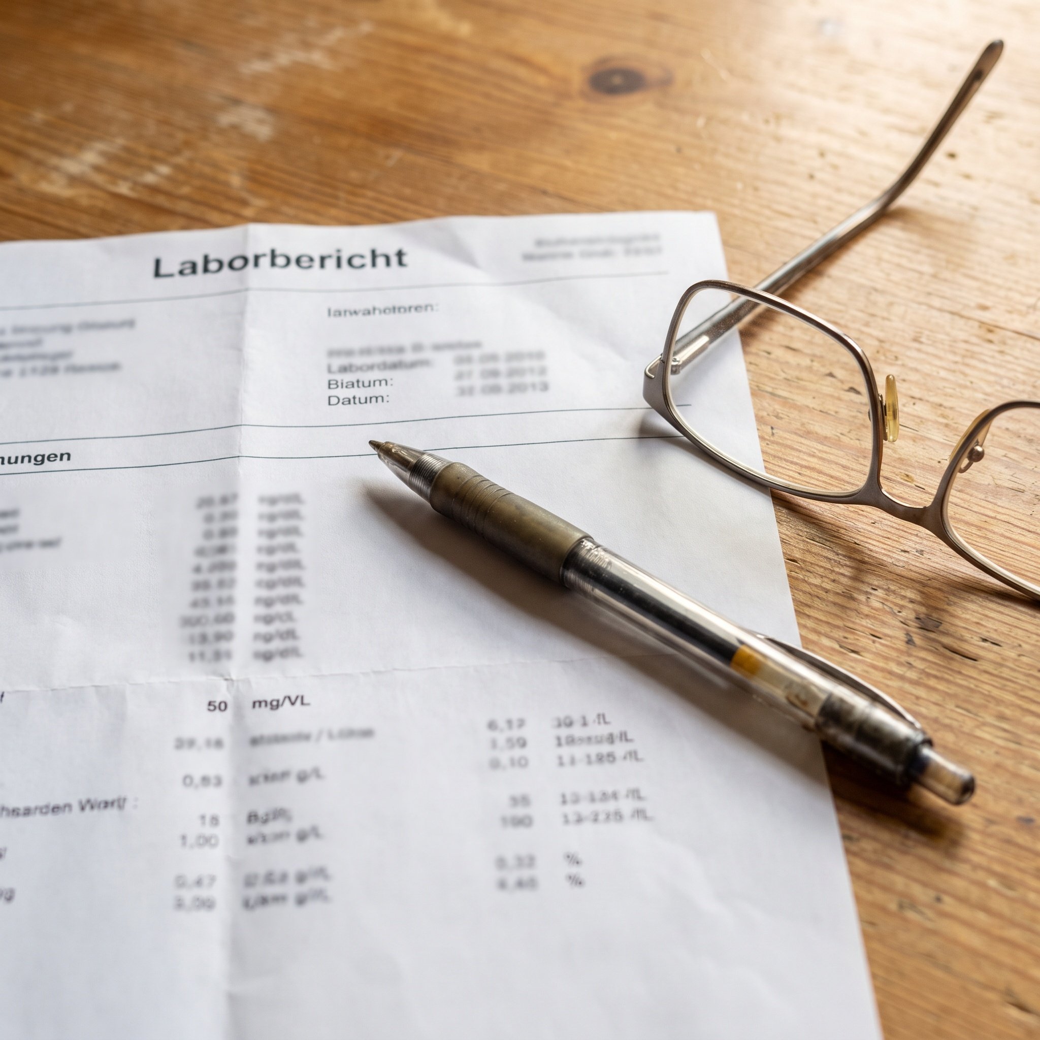 Nahaufnahme eines deutschen Laborbefund-Ausdrucks auf einem Holztisch, unscharfe Zahlenreihen, ein Kugelschreiber liegt