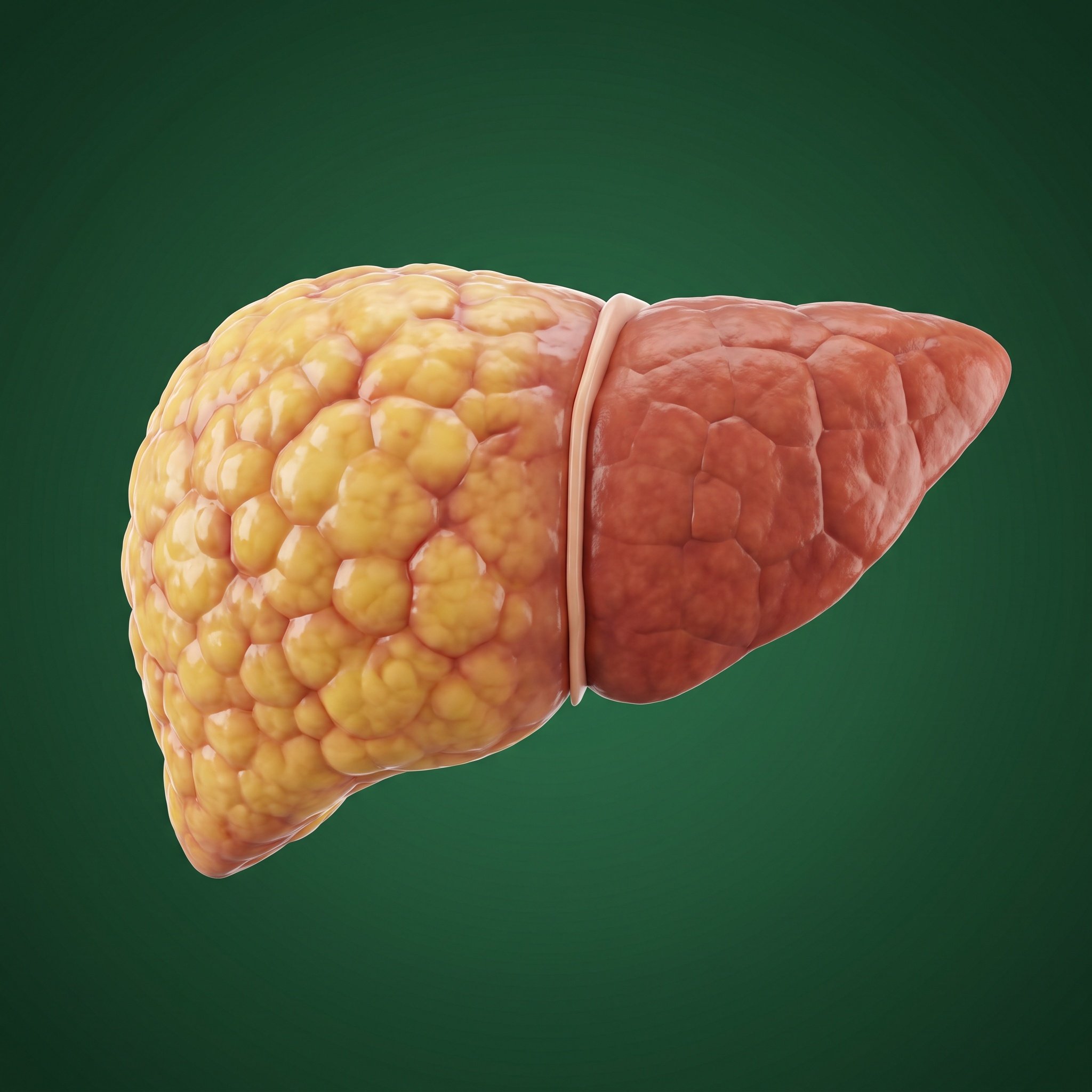 Medizinische 3D-Illustration einer menschlichen Leber im Querschnitt, links verfettetes gelbliches Gewebe, rechts gesund