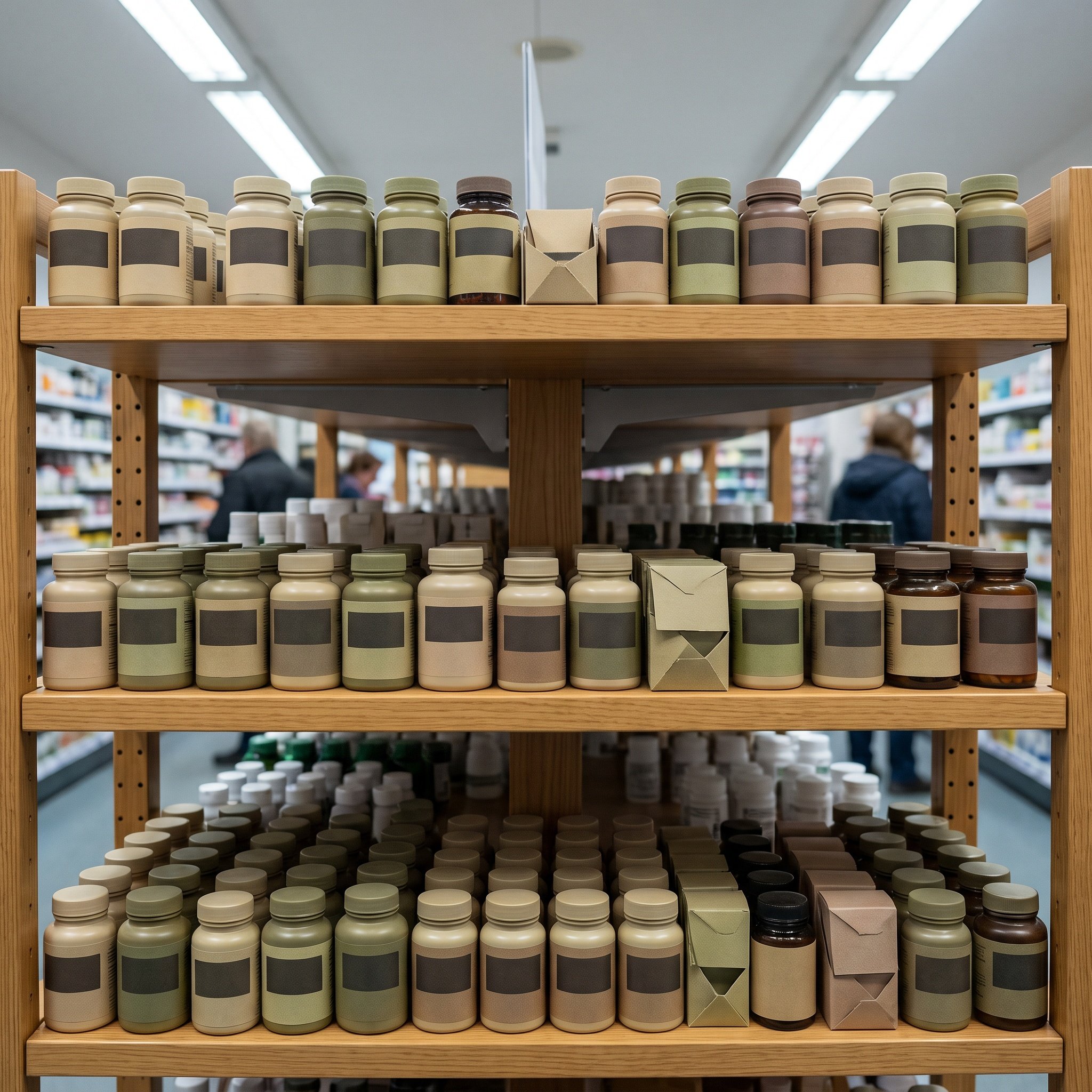 Regal in einer deutschen Drogerie, Reihe von unbeschrifteten neutralen braunen und weissen Nahrungsergaenzungs-Dosen ohn