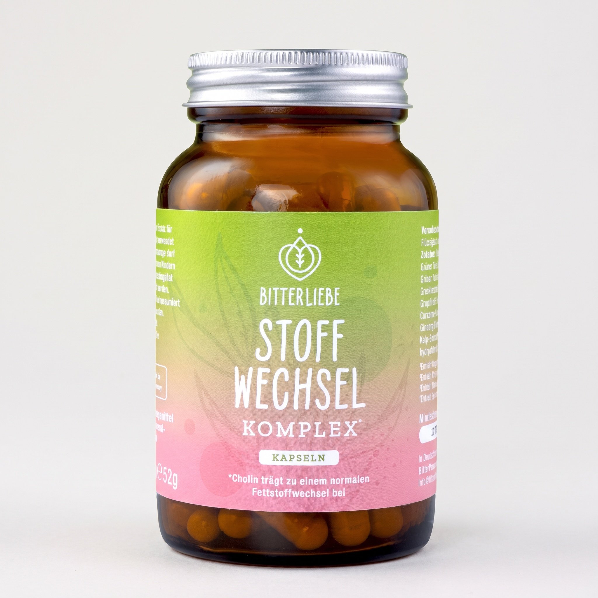 Studio-Produktfoto der BitterLiebe PLUS Bitter Stoffwechsel Komplex Dose: Braunglas-Dose mit silbernem Schraubdeckel und