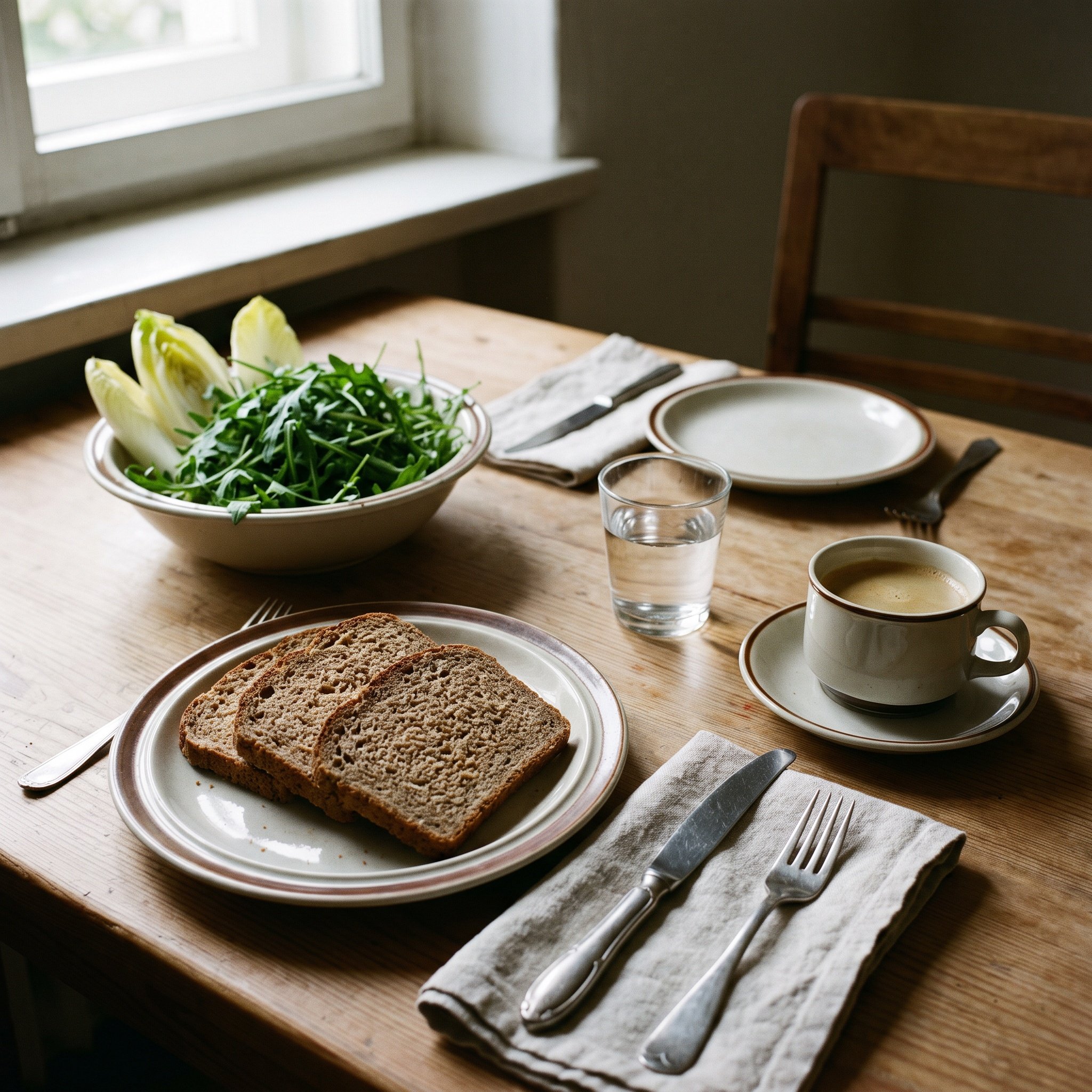 Redaktionelles Farbfoto von oben auf einen Frühstückstisch in einer deutschen Küche, Teller mit Vollkornbrot, Rucola und