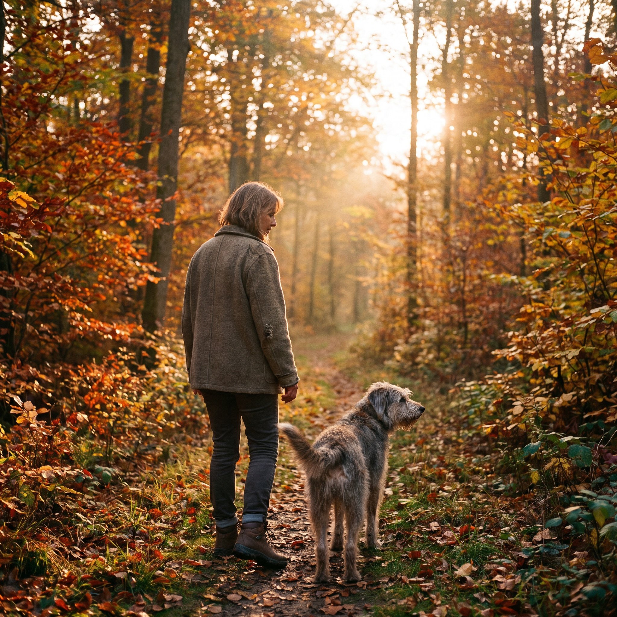 Redaktionelles Farbfoto, Frau Anfang 50 geht mit einem Hund auf einem Waldweg im Herbst, von hinten oder halb seitlich,