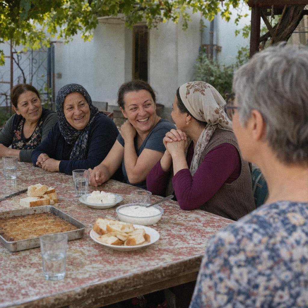 "Reportagefoto einer deutschen Zeitschrift, Familienessen im Hof: ein langer Holztisch mit abgewetzter Wachstuchdecke, d
