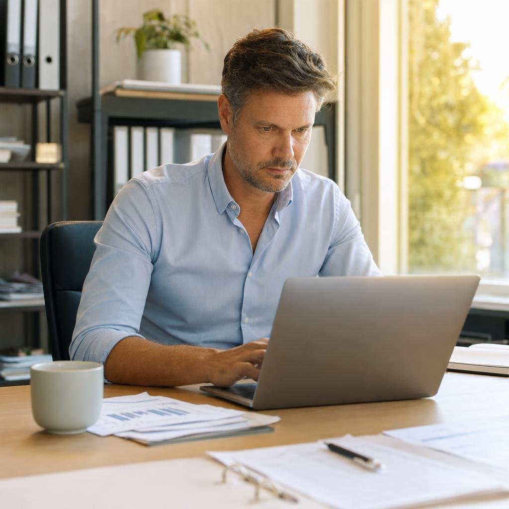Mann Mitte 40 in Hemd am Schreibtisch im Büro am Nachmittag, wach und konzentriert, Kaffeetasse steht unberührt daneben,