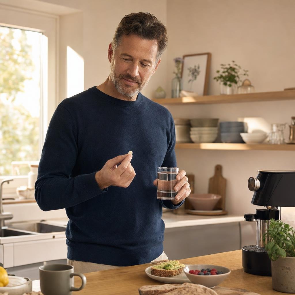 Mann Anfang 50 in der Küche am Morgen, nimmt eine Kapsel mit einem Glas Wasser, daneben Frühstück und eine Kaffeemaschin