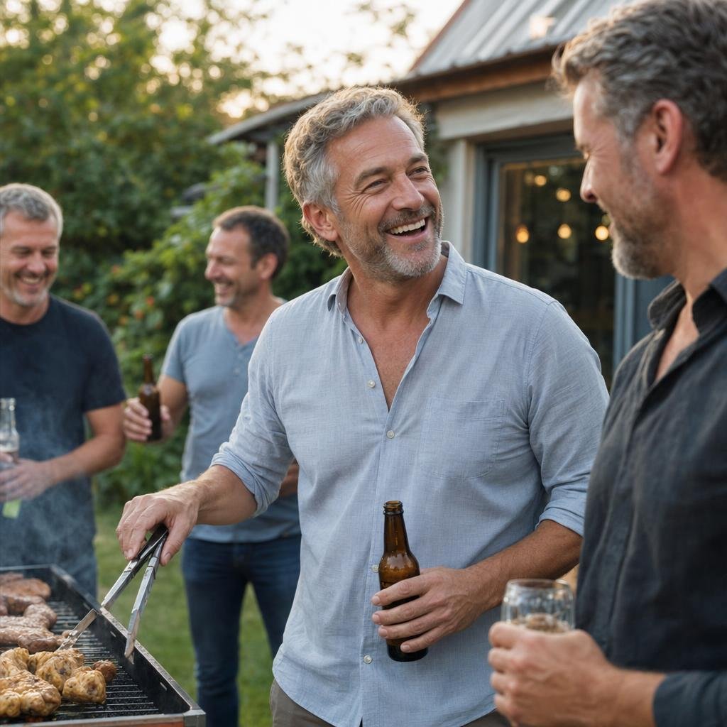 Mann Mitte 50 beim Grillen im Garten mit Freunden, lachend, Hemd sitzt locker, Sommerabend, realistisch, kein Text, kein