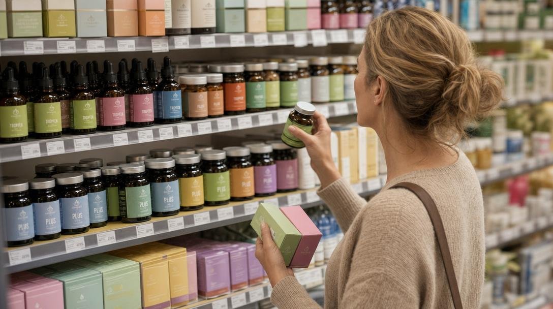 "Nahaufnahme einer Supermarkt-Szene: Regalreihe mit bunten Verpackungen – Müsliriegel, Fruchtjoghurts, Smoothie-Flaschen