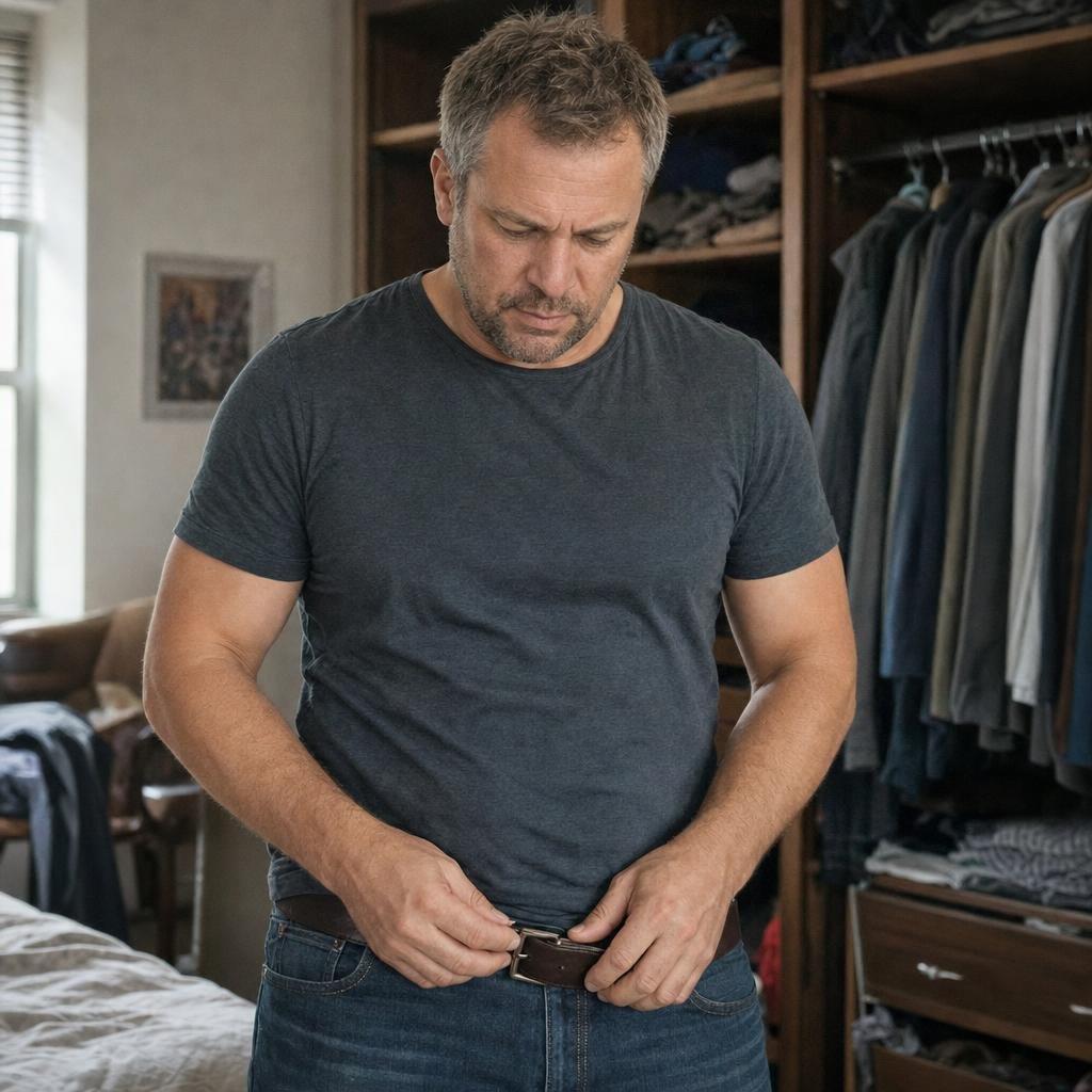 Reportagefoto einer deutschen Männerzeitschrift: Stefan, 46, kräftige Statur, kurze dunkelblonde Haare mit grauen Schläf