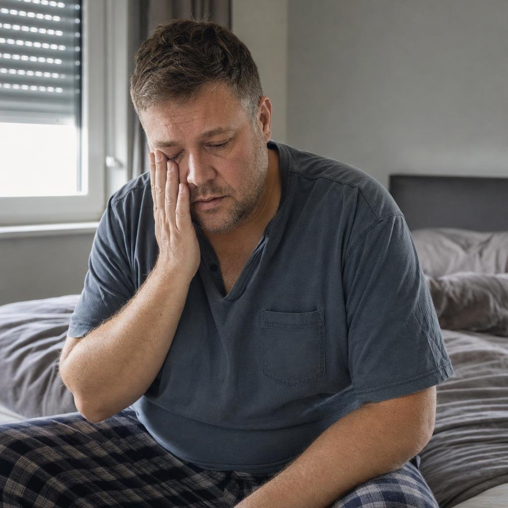 "Reportagefoto einer deutschen Männer-Zeitschrift, Station: Tiefpunkt am Morgen. Markus, 47, Mann mit kurzen dunkelblond