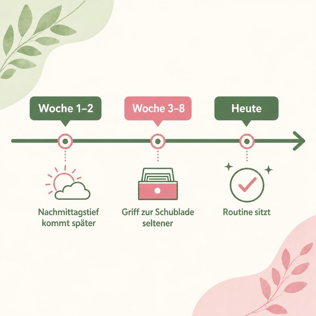 "Digital gesetzte Zeitstrahl-Grafik im Stil eines Gesundheitsmagazins, heller Grund, zwei Farben grün und warmes Rosa: e