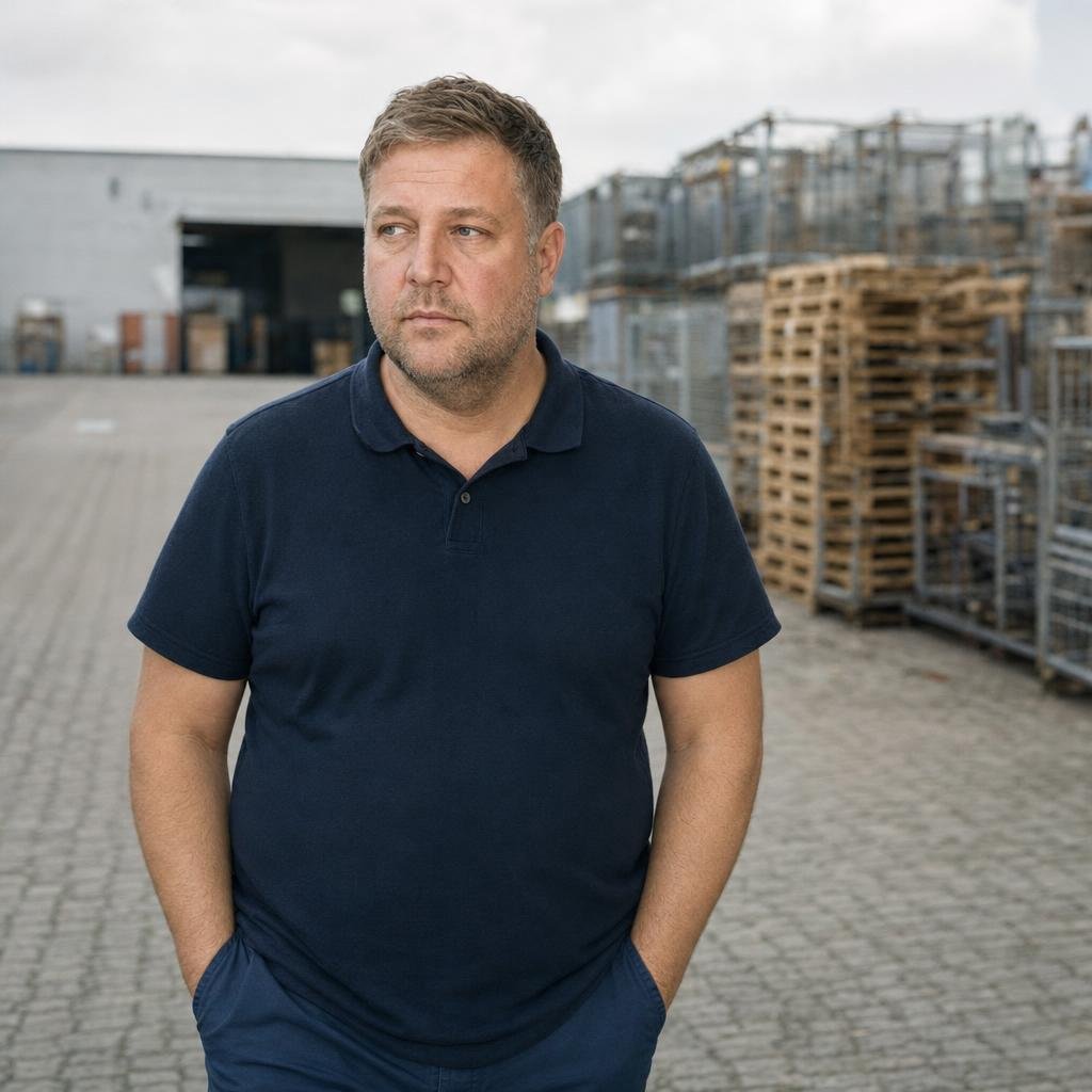 Reportagefoto einer deutschen Männer-Zeitschrift, Station: der kleine, durchhaltbare Schritt. Markus, 47, kurze dunkelbl