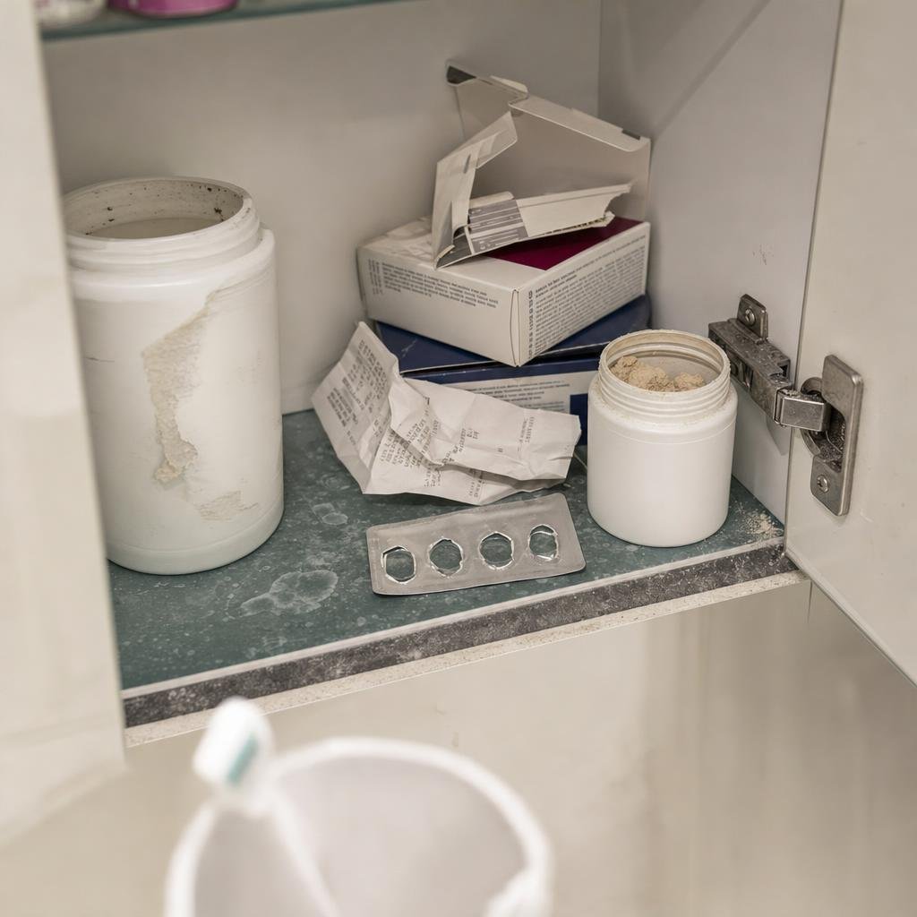"Reportagefoto, Station: der Leidensweg, Ort ohne Person. Blick leicht von oben und schräg in einen geöffneten Badezimme