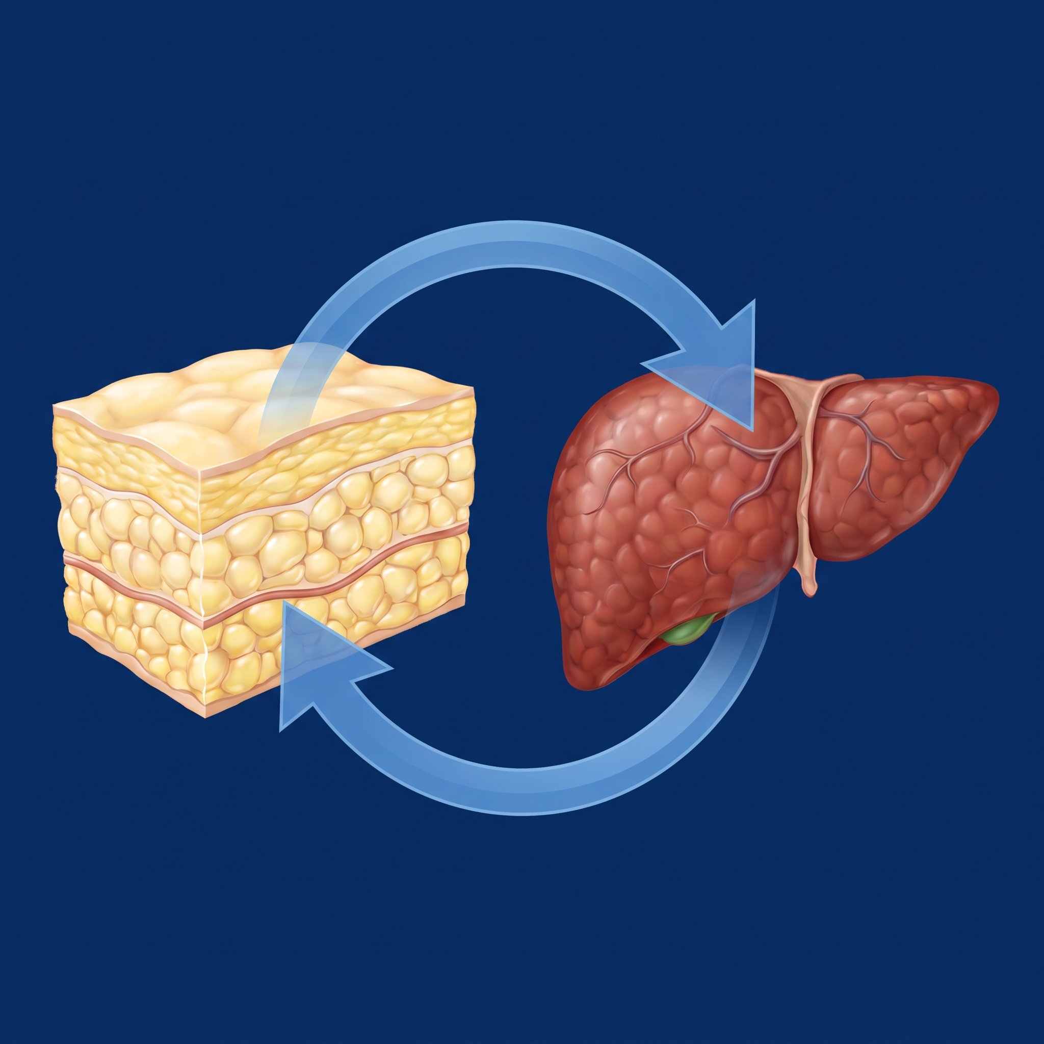Medizinische 3D-Illustration, Querschnitt durch Bauchfettgewebe links und eine Leber rechts, zwischen beiden zwei geboge