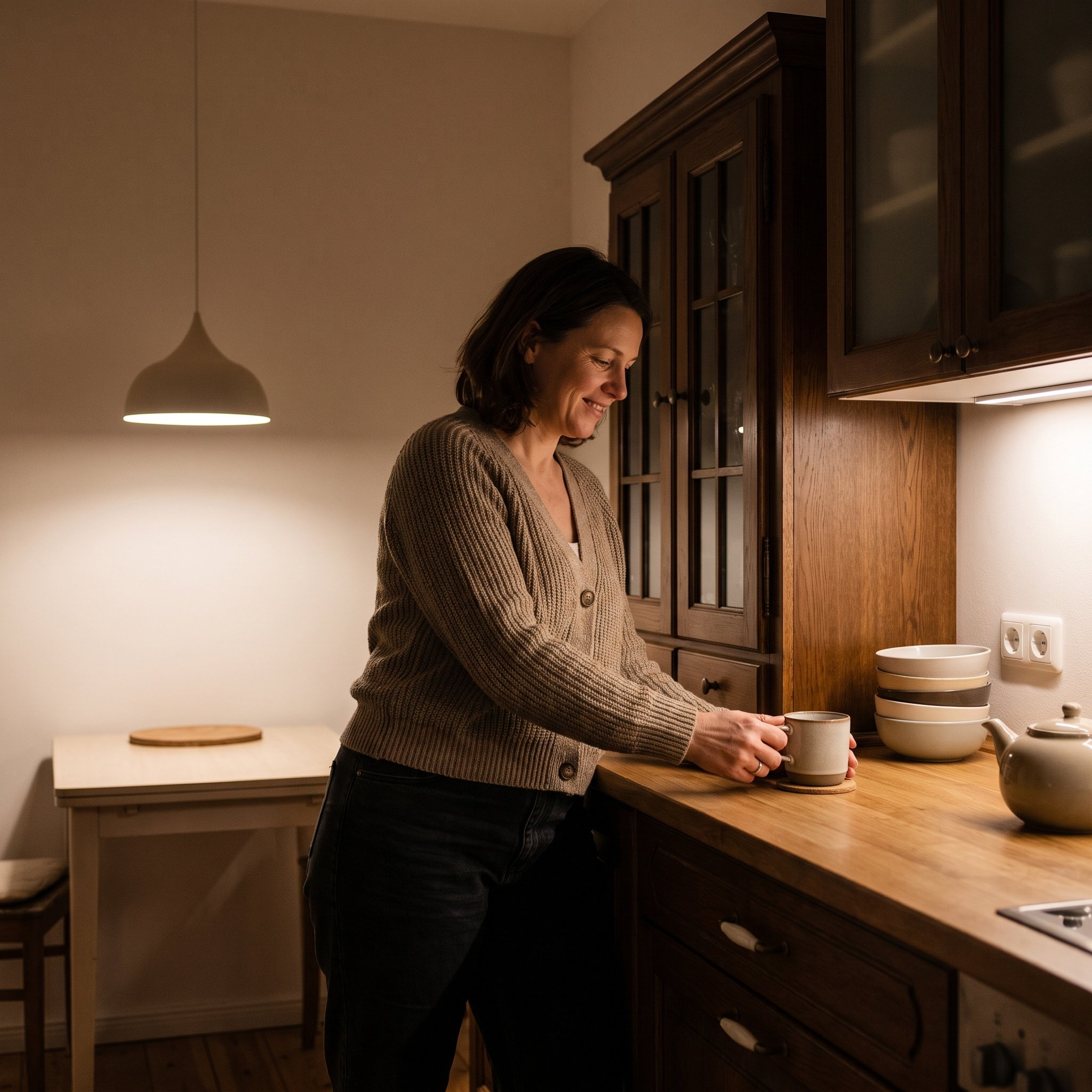 Redaktionelles Farbfoto, Kueche in einer deutschen Wohnung am spaeten Abend, Frau Mitte 40 stellt eine Tasse Tee ab und