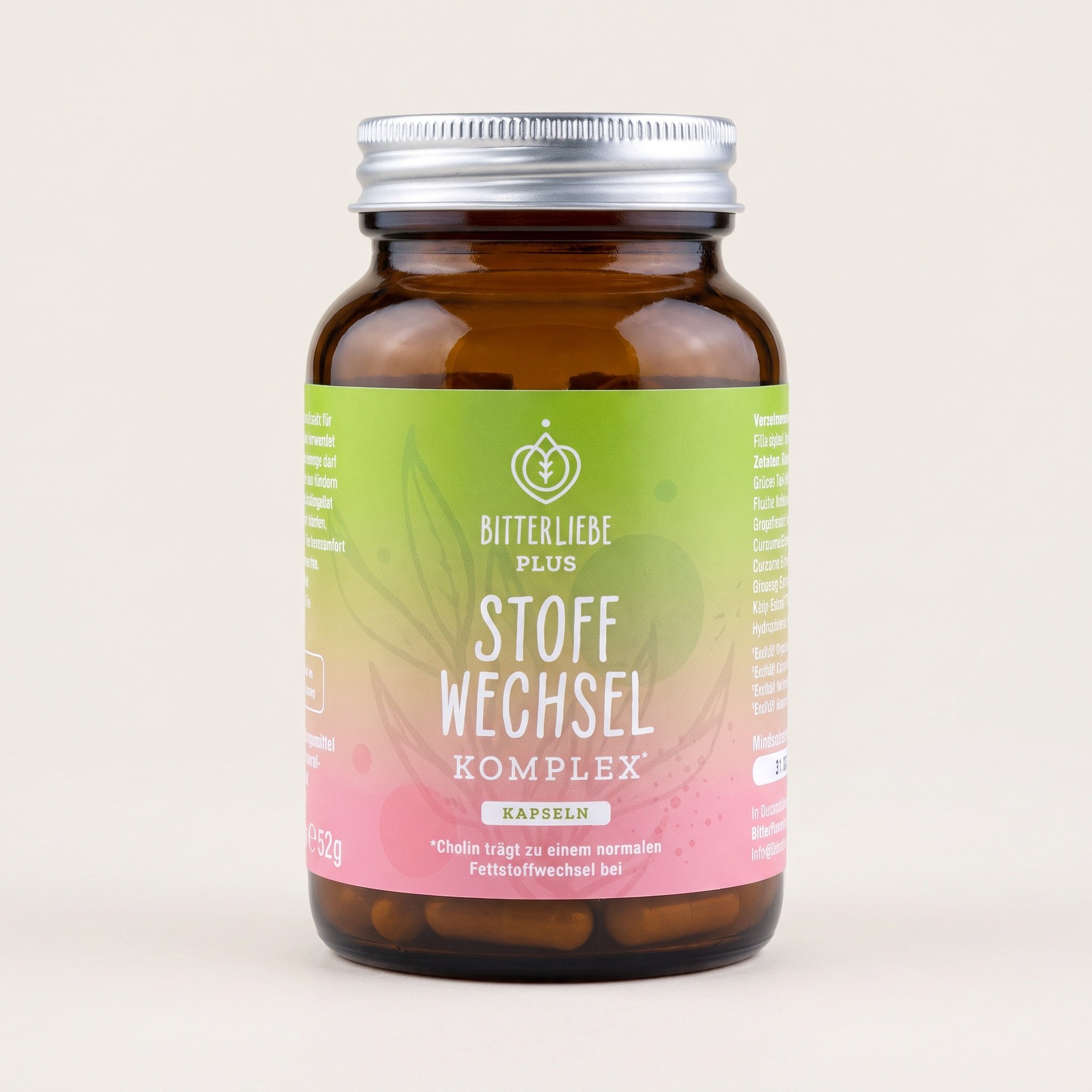 Studio-Produktfoto der BitterLiebe PLUS Bitter Stoffwechsel Komplex Dose: Braunglas-Dose mit silbernem Schraubdeckel und