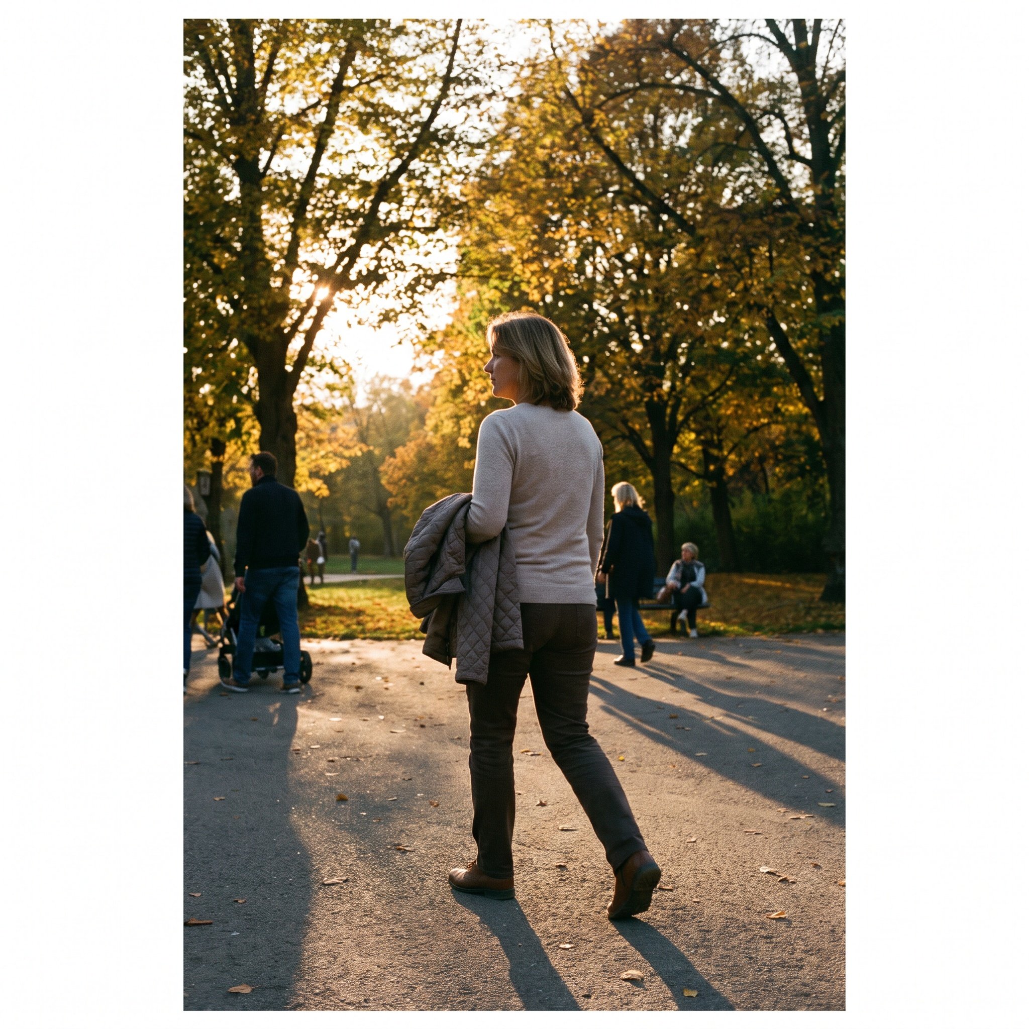 Redaktionelles Farbfoto, Frau Mitte 40 geht abends mit einer Jacke ueber dem Arm durch einen Leipziger Stadtpark, von ha
