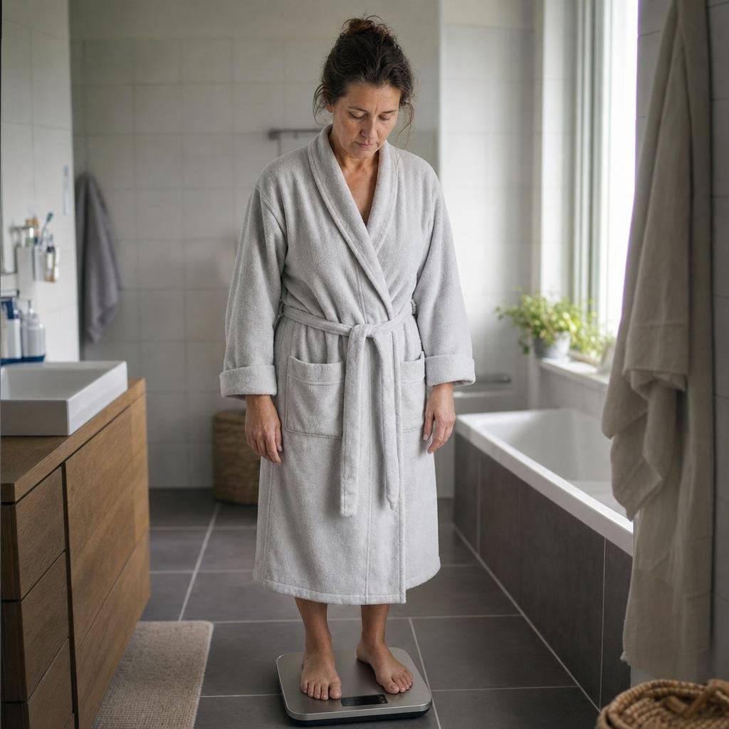 "Reportagefoto einer europäischen Frauenzeitschrift: Maike, 53, dunkelbraune schulterlange Haare mit grauen Strähnen zu