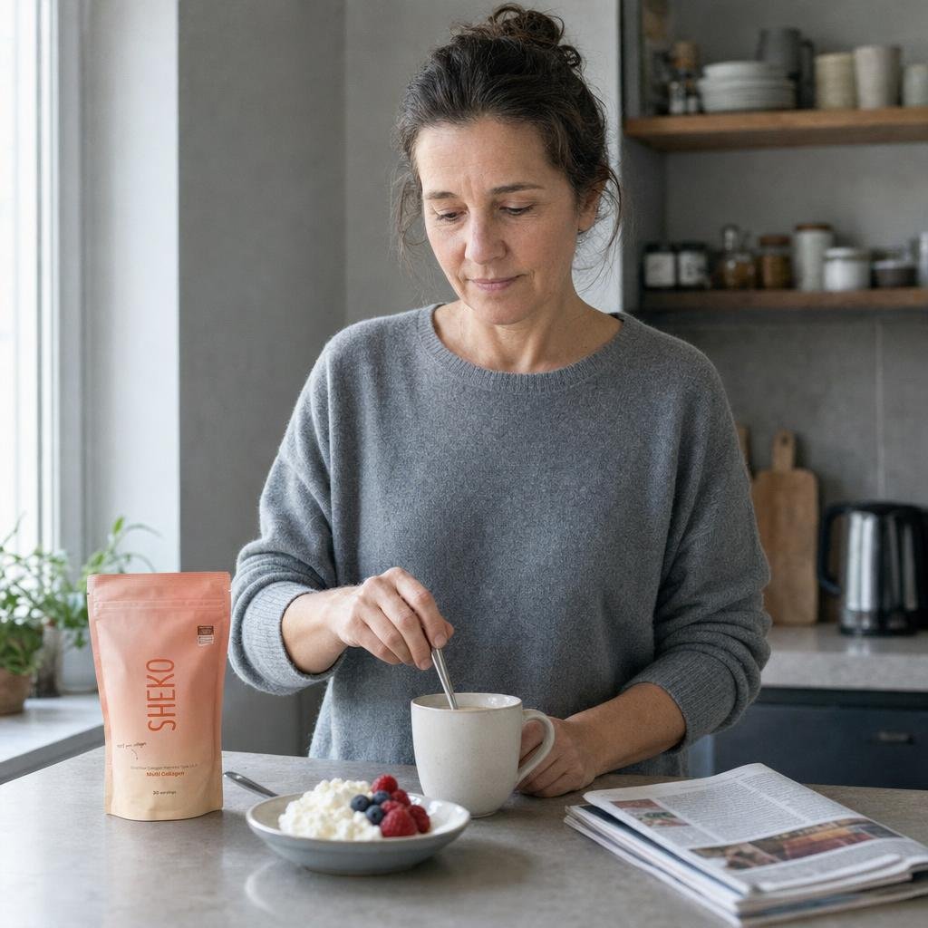 "Reportagefoto einer deutschen Frauenzeitschrift: Maike, 53, dunkelbraune schulterlange Haare mit grauen Strähnen, zu ei