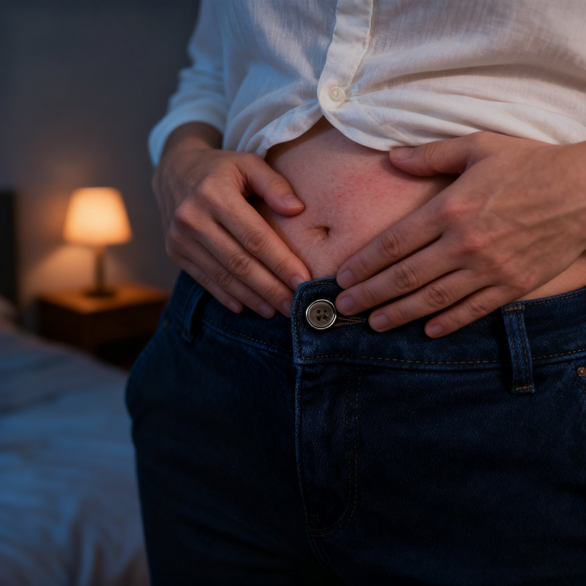 "Nahaufnahme von Händen, die den Hosenknopf einer dunkelblauen Jeans aufdrücken – die Haut am Bauch darunter leicht gerö