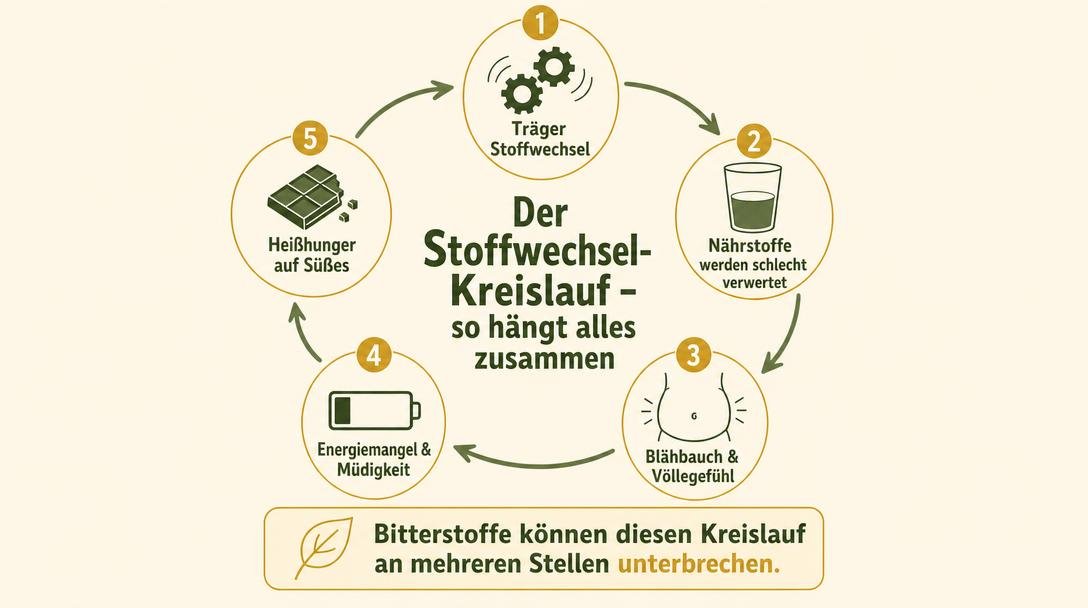 "Infografik mit Kreislauf-Darstellung auf hellem, warmem Hintergrund. Fünf Stationen im Kreis angeordnet, verbunden durc