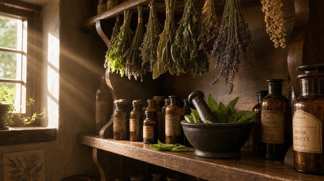 "Detailaufnahme eines alten Holzregals in einer Kräuterküche oder Apotheke – getrocknete Kräuterbündel hängen von oben,
