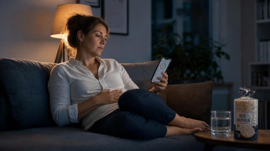 "Frau sitzt auf dem Sofa, Beine angezogen, eine Hand auf dem Bauch, die andere hält ein Smartphone mit einem geöffneten