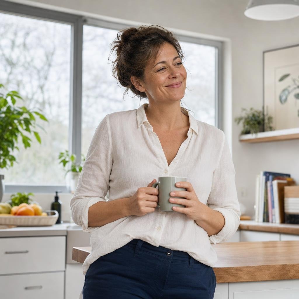 "Frau Mitte 40 steht in ihrer Küche, lehnt lässig an der Arbeitsplatte, hält eine Tasse Tee in beiden Händen. Sie lacht