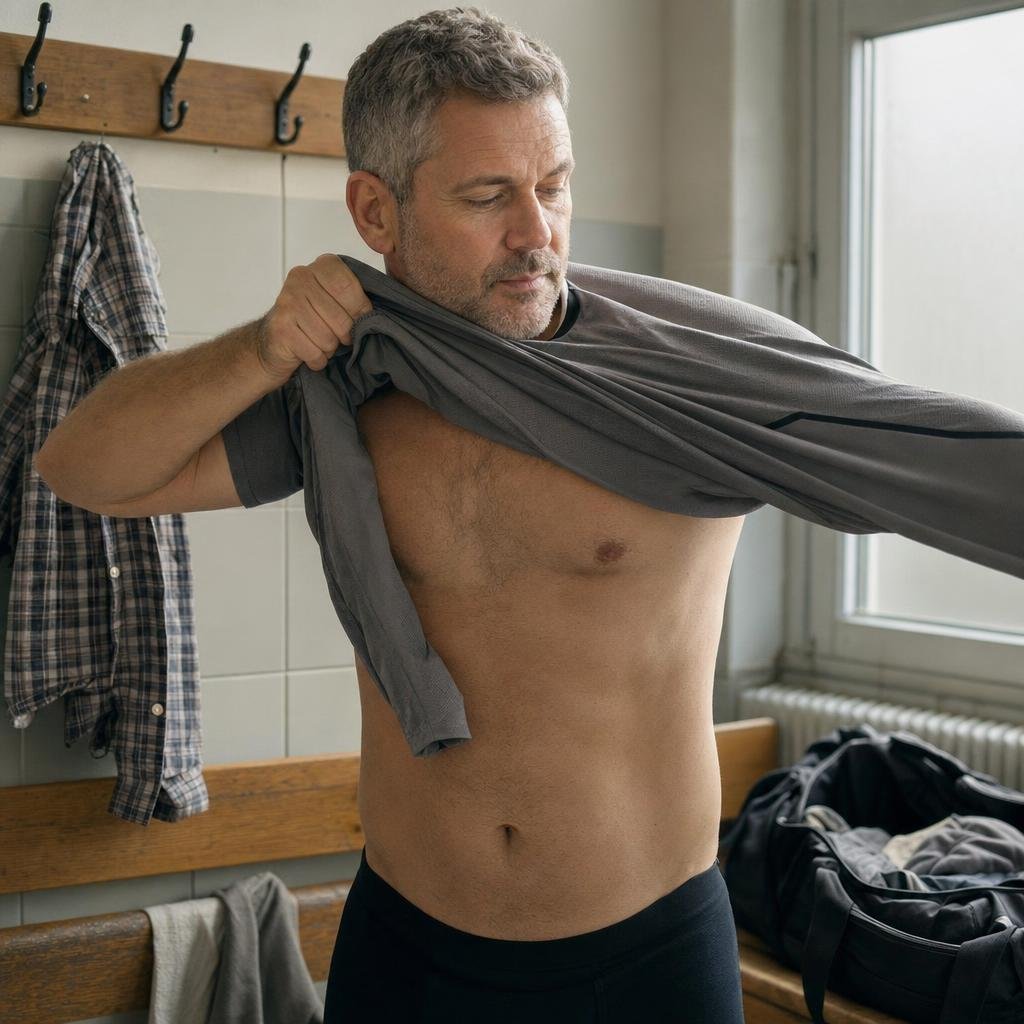 Reportagefoto einer Männer-Zeitschrift, flaches bedecktes Tageslicht durch ein Umkleide-Fenster: derselbe Mann, 51, grau