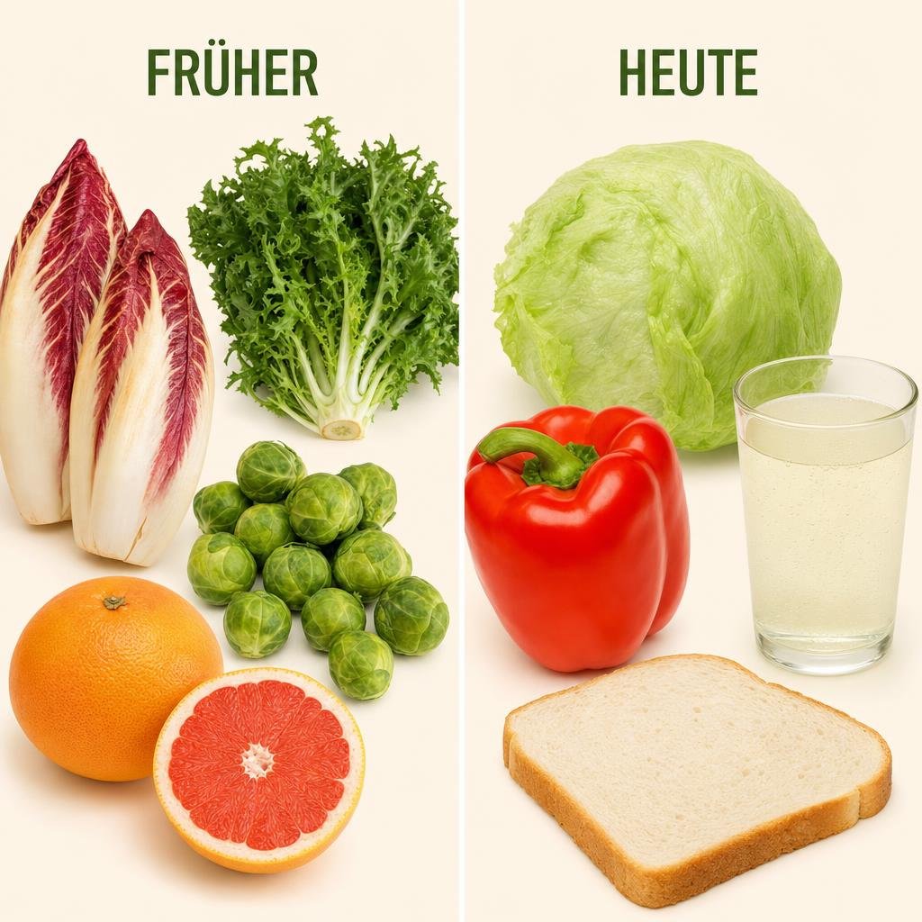 "Digital gesetzte Vergleichsgrafik im Stil eines Gesundheitsmagazins, heller cremefarbener Grund, zwei Spalten nebeneina