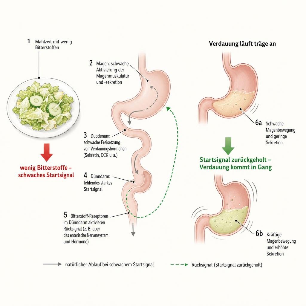 "Das Lehrbuch-Schema im Stil eines Physiologie-Lehrbuchs, heller Grund: links ein Teller mit mildem, hellem Salat und ei