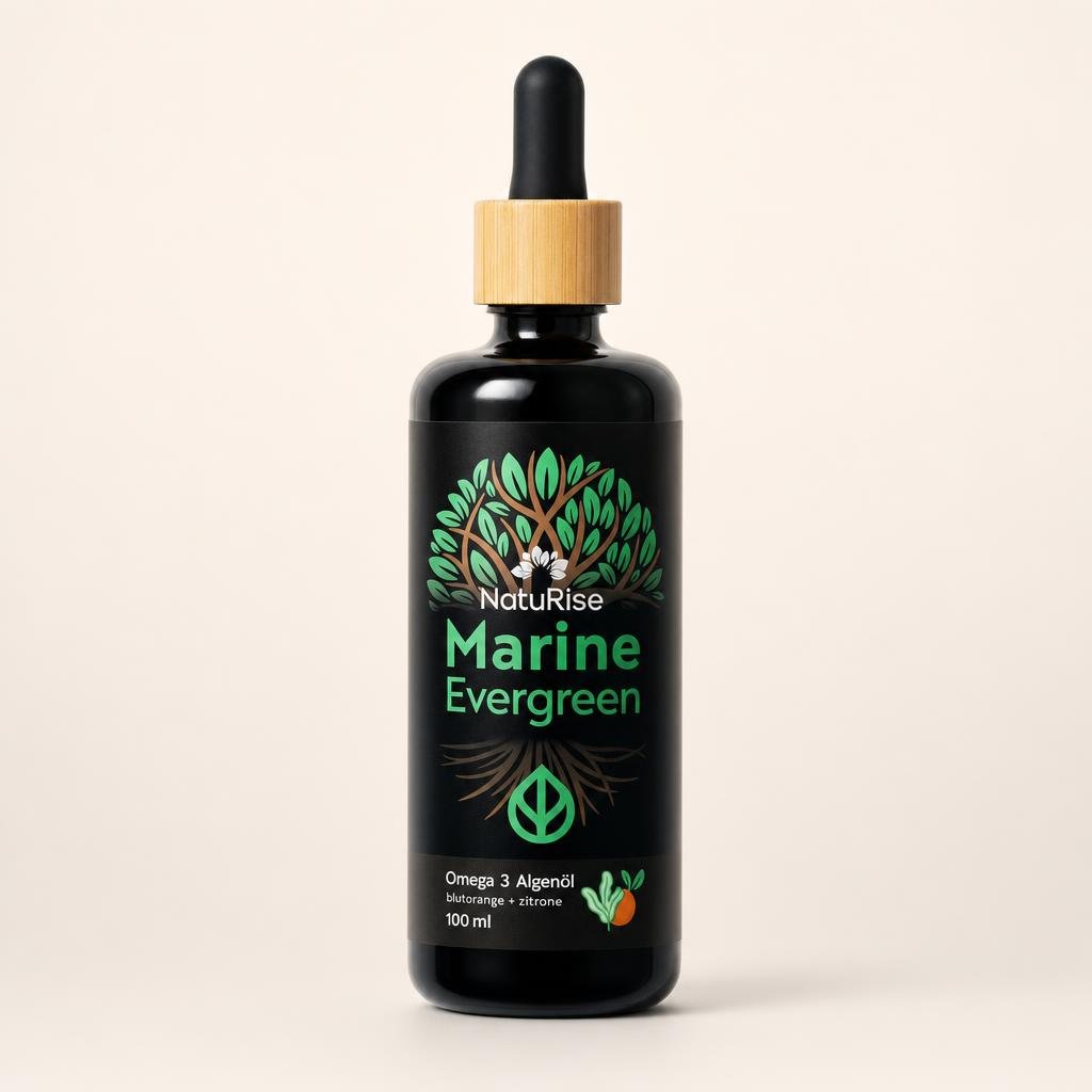 "Klares, sauberes Produktfoto im Stil eines Online-Shops: die Flasche NatuRise Marine Evergreen aus dem Referenzbild – e