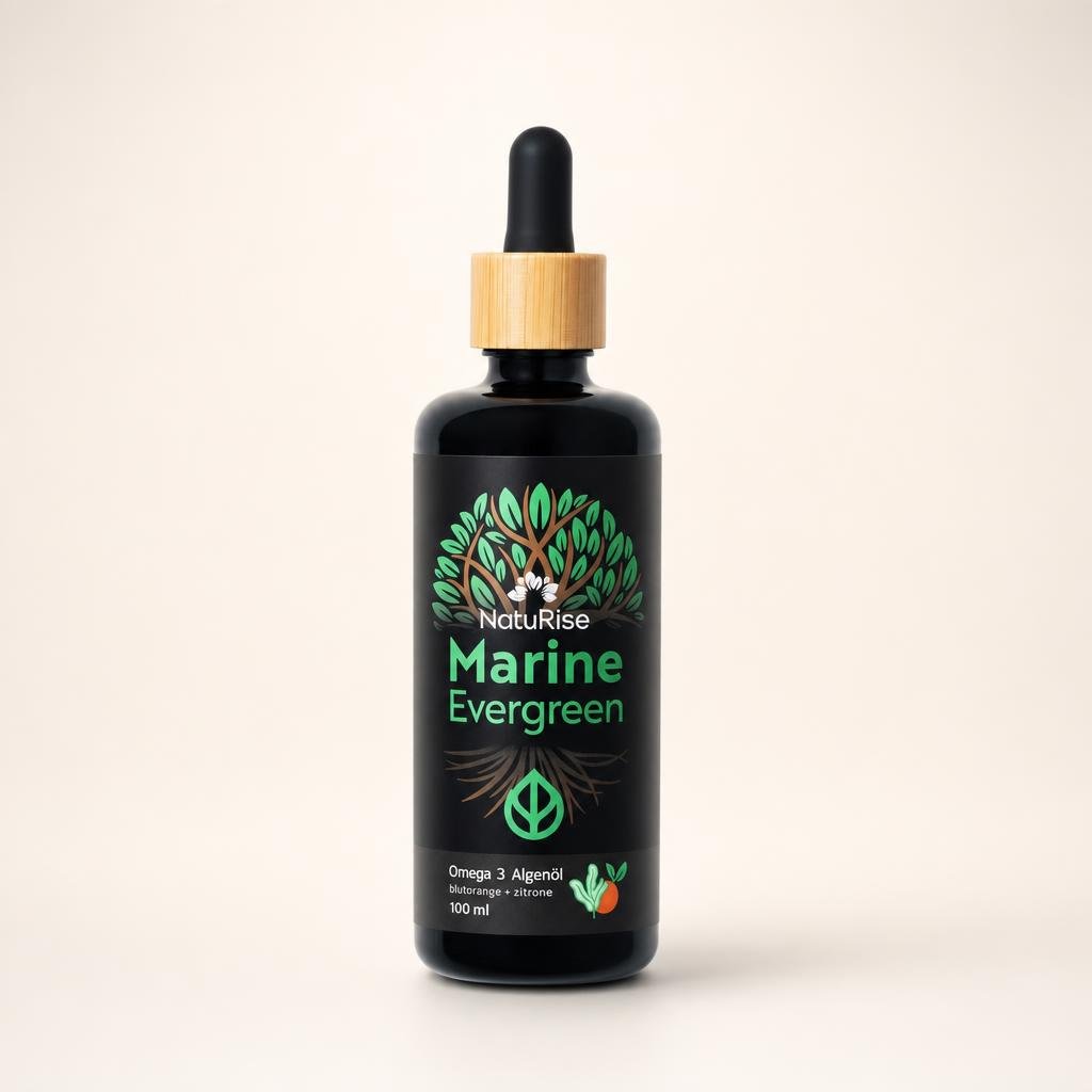 "Klares, sauberes Produktfoto im Stil eines Online-Shops: die Flasche NatuRise Marine Evergreen aus dem Referenzbild – e