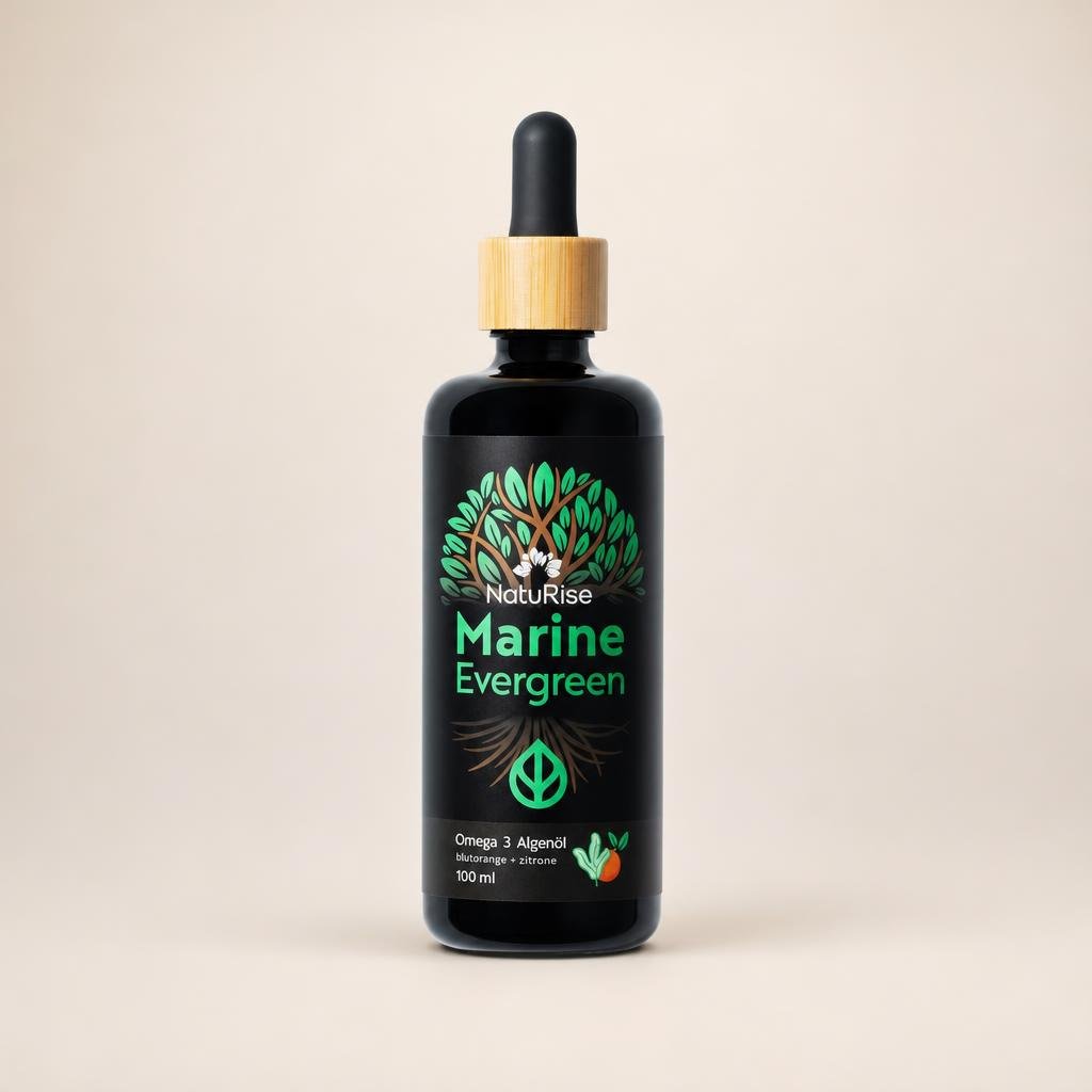 "Klares, sauberes Produktfoto im Stil eines Online-Shops: die Flasche NatuRise Marine Evergreen aus dem Referenzbild – e