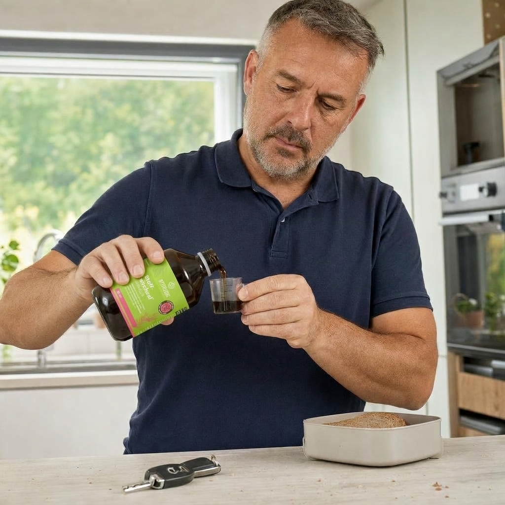 "Reportagefoto einer deutschen Zeitschrift, Alltags-Anwendungsszene mit Produkt: Frank, 55, kräftige Statur, kurze graum