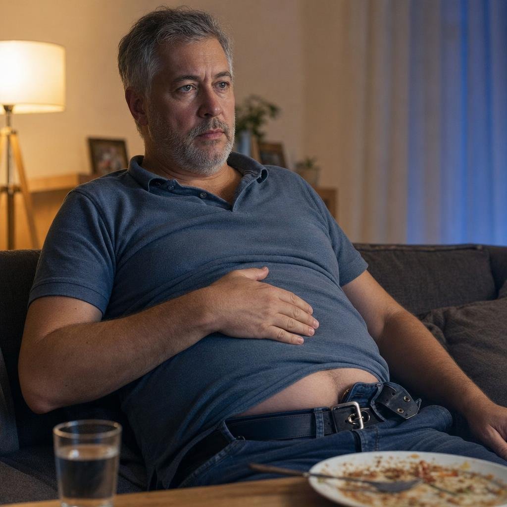 "Reportagefoto einer deutschen Zeitschrift, Station: der Tiefpunkt. Frank, 55, kräftige Statur mit deutlichem Bauchansat