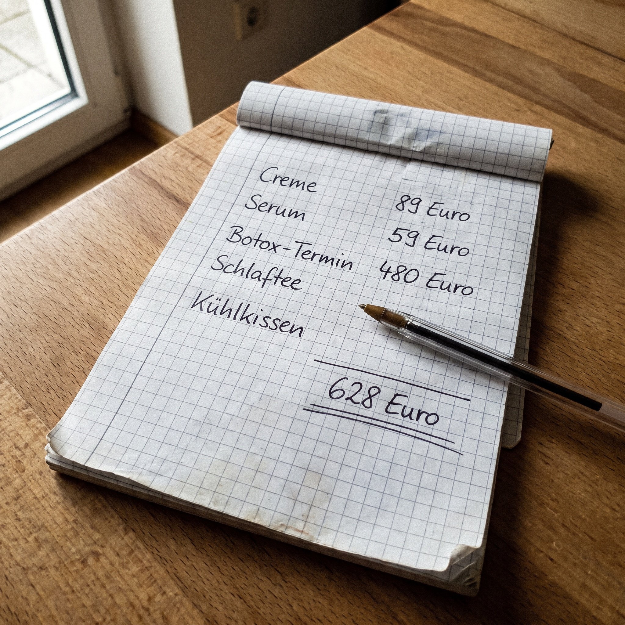 Handgeschriebene Liste auf einem karierten Notizblock auf einem Küchentisch, Posten mit Eurobeträgen darunter, Creme 89
