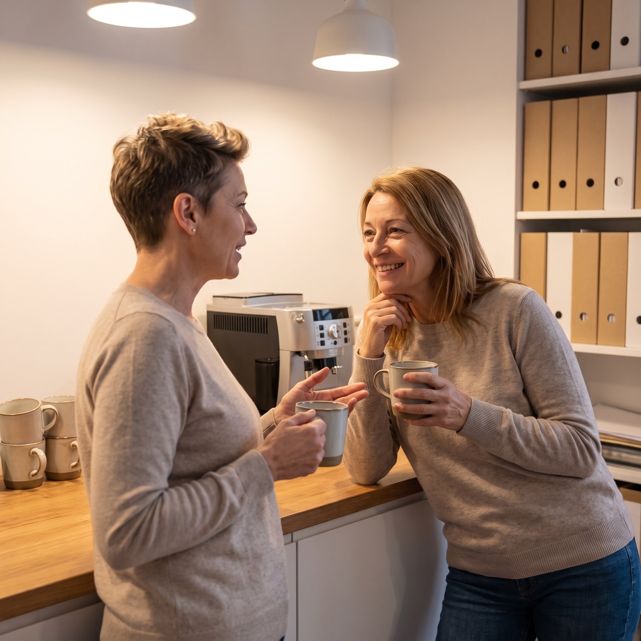 Zwei Frauen Anfang bis Mitte fünfzig stehen in einer Bürokaffeeküche nebeneinander, jede mit einer Kaffeetasse in der Ha