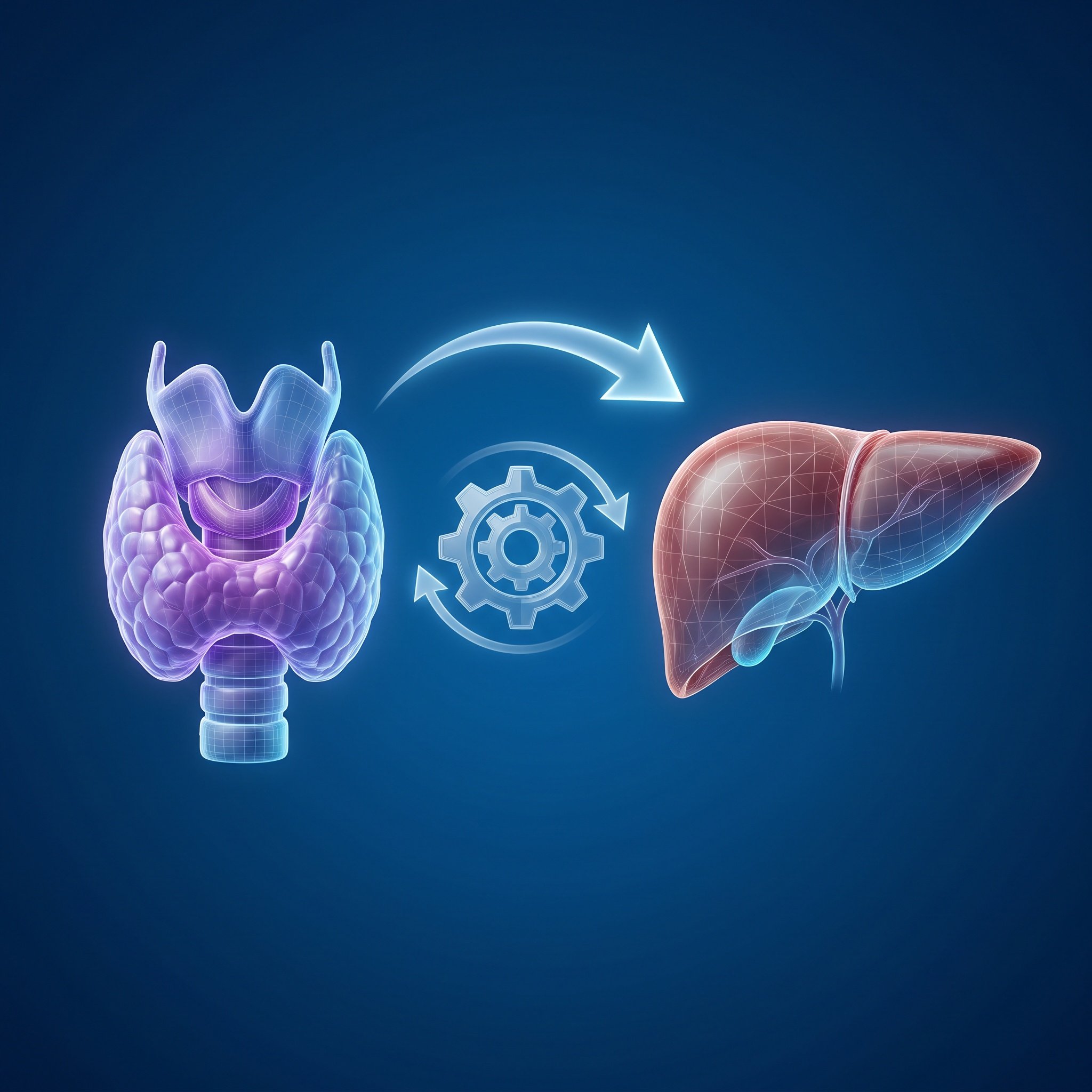 Medizinische 3D-Illustration, links eine Schilddruese als Organ dargestellt, davon ein Pfeil nach rechts zu einer Leber,