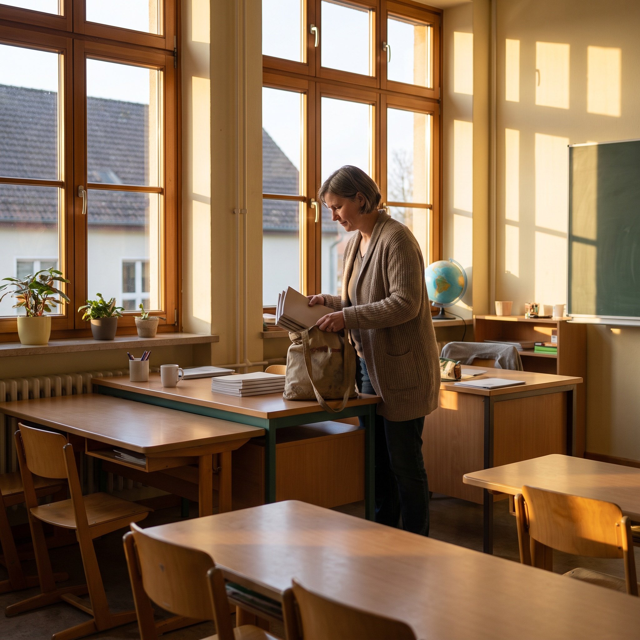 Redaktionelles Farbfoto, leeres deutsches Grundschul-Klassenzimmer am spaeten Nachmittag, Lehrerin Ende 40 raeumt Hefte