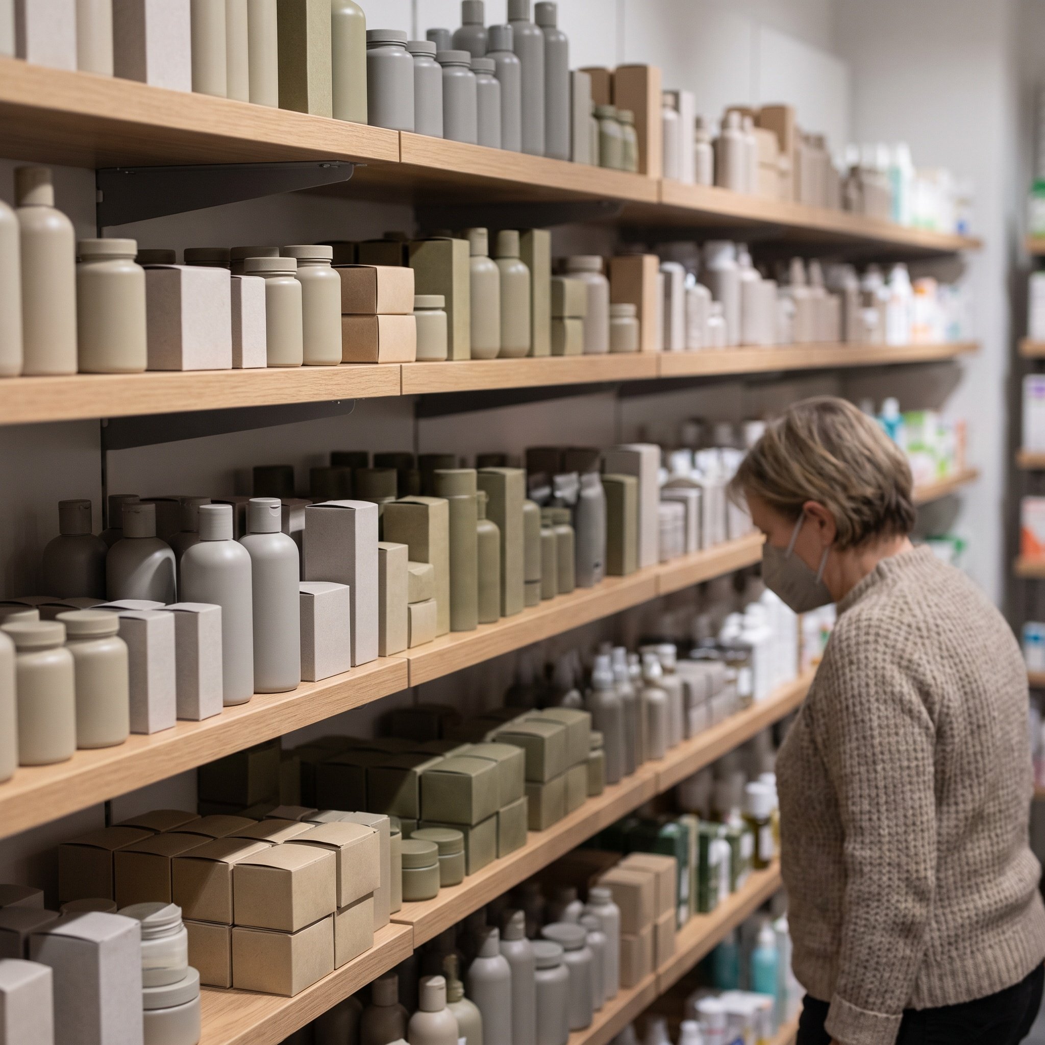 Regal in einer deutschen Drogerie, Reihe neutraler unbeschrifteter brauner und weisser Nahrungsergaenzungsdosen ohne les