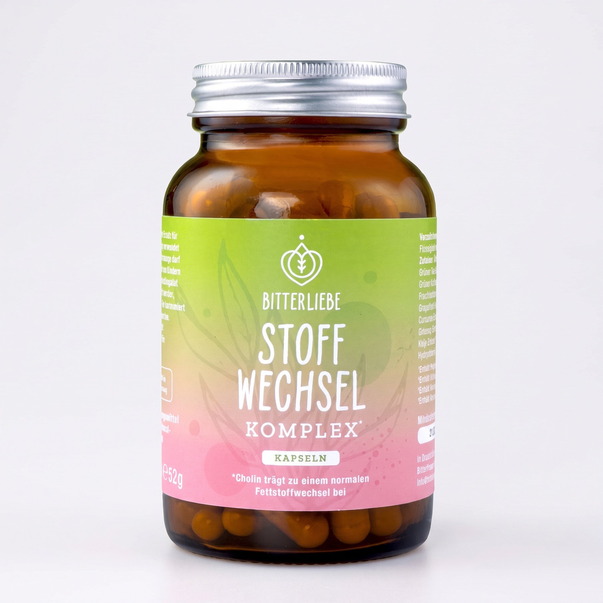 Studio-Produktfoto der BitterLiebe PLUS Bitter Stoffwechsel Komplex Dose: Braunglas-Dose mit silbernem Schraubdeckel und
