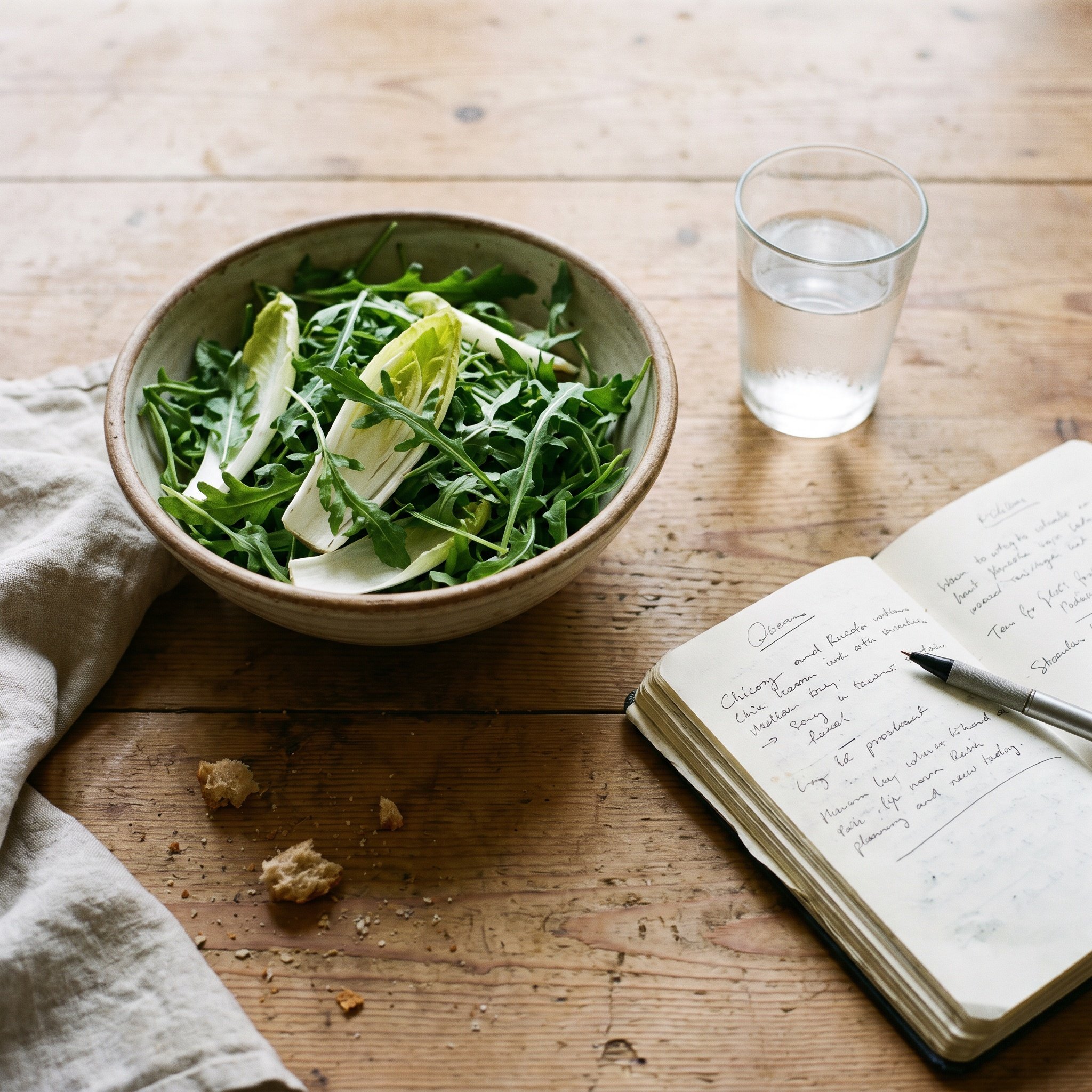 Redaktionelles Farbfoto von oben, Kuechentisch mit einer Schale Chicoree und Rucola, einem Glas Wasser und einem aufgesc