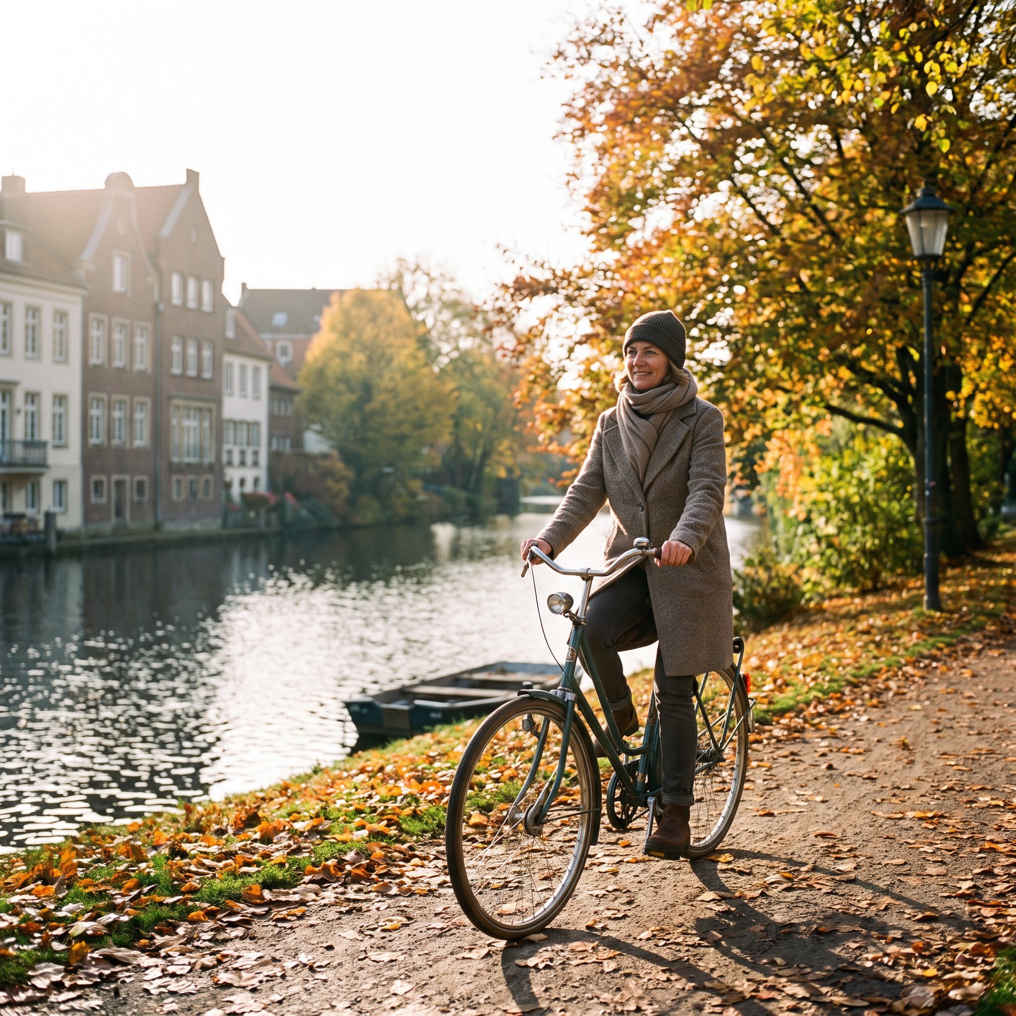 Redaktionelles Farbfoto, Frau Ende 40 faehrt mit dem Fahrrad auf einem Weg an einem Kanal in Muenster, Herbstlaub, von h