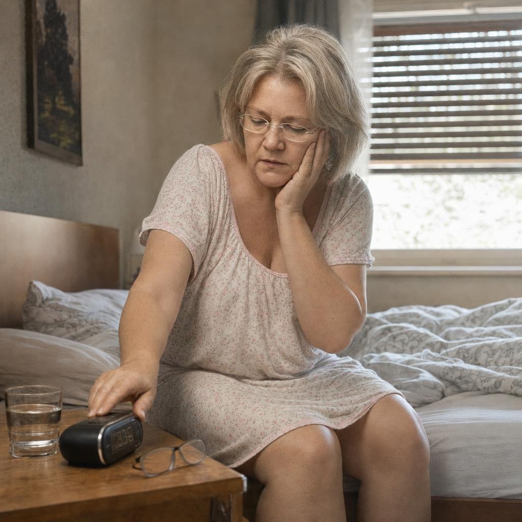 "Reportagefoto einer deutschen Frauenzeitschrift, Station Tiefpunkt: Sabine, 52, kurzer grau-blonder Bob, schmale randlo