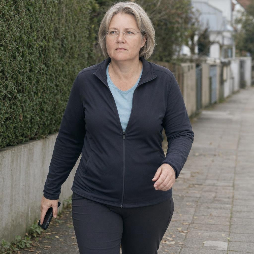 Reportagefoto einer deutschen Frauenzeitschrift, Station Comeback im Alltag: Sabine, 52, kurzer grau-blonder Bob, schmal
