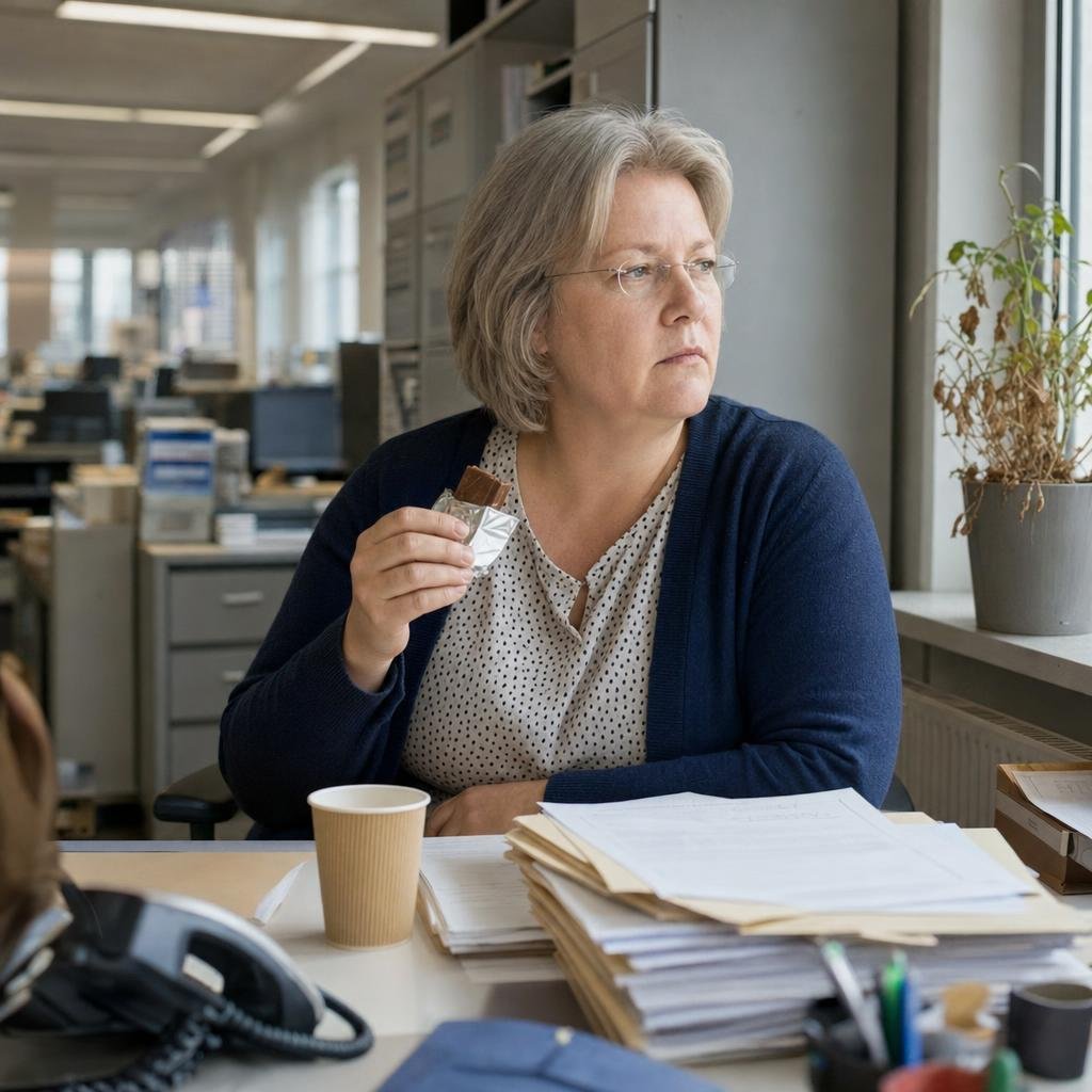 "Reportagefoto einer deutschen Frauenzeitschrift, Station Alltag mit dem Problem: Sabine, 52, kurzer grau-blonder Bob, s