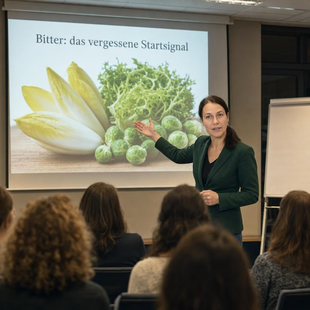 "Reportagefoto einer deutschen Frauenzeitschrift, Station Begegnung: zwei Frauen im Vortragsraum einer Volkshochschule.