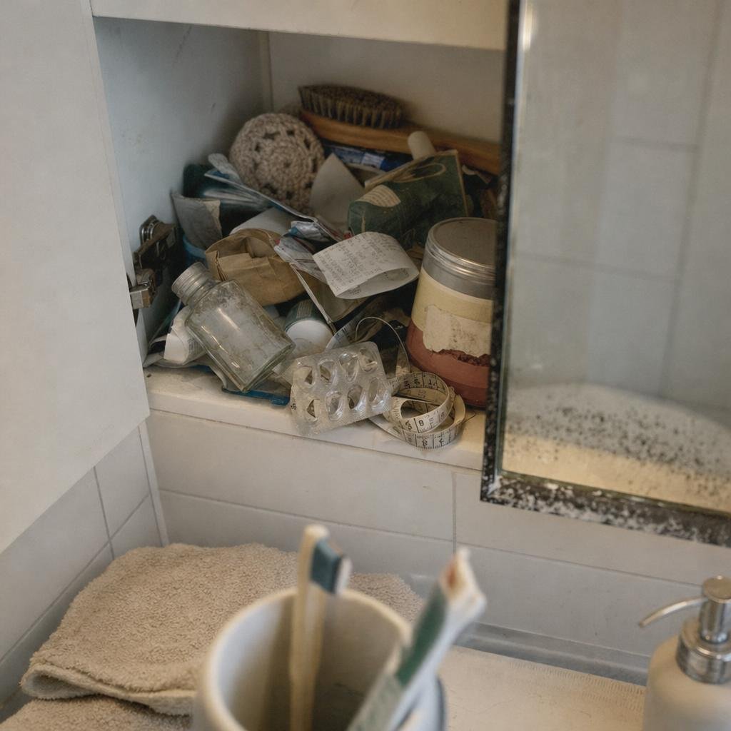 "Reportagefoto, Station Leidensweg als Ort ohne Person: ein geöffneter Badezimmerschrank, vollgestopft mit angebrochenen